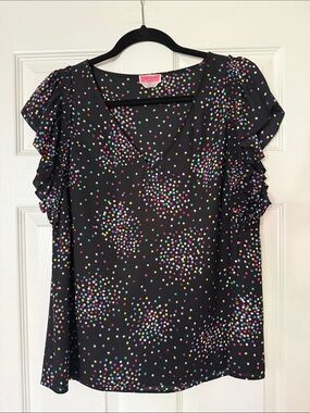 kate spade Black Multicolor Confetti Cheer Ruffle Sleeve V-Neck Blouse